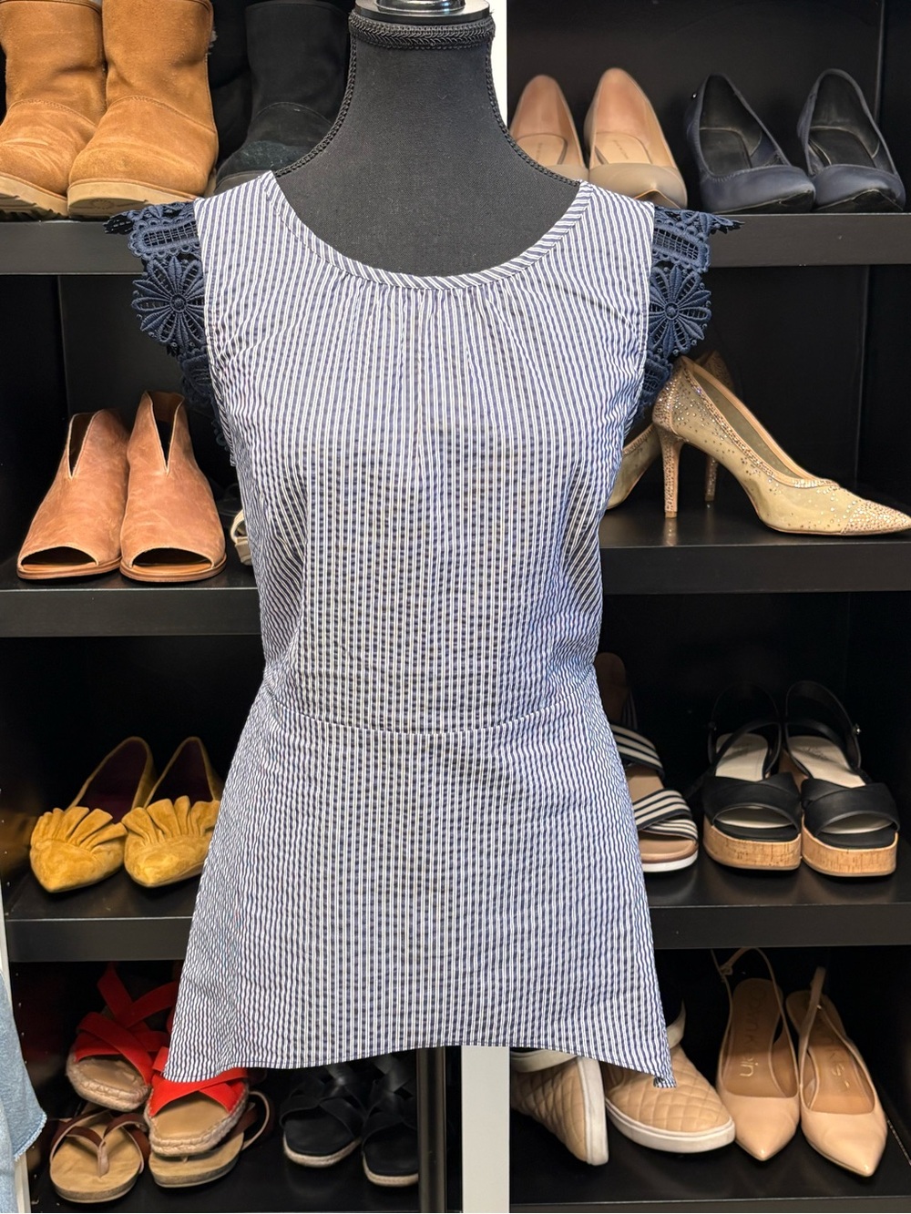 CAbi Blue and White Striped Sleeveless Top with Navy Crochet Cap Sleeves